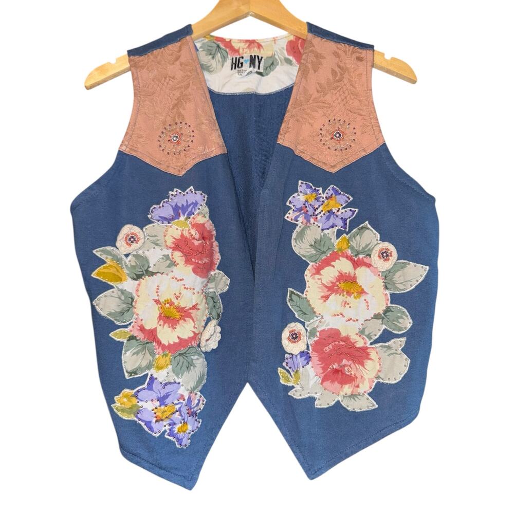 Vintage Patchwork Floral Cropped Vest Women's PETITE‎ Medium Beaded Western 80s